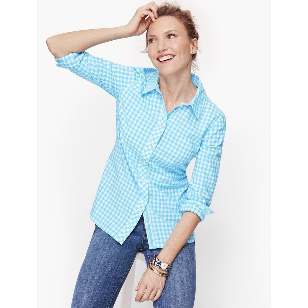 Talbots Blue Gingham Plaid 100% Cotton Button Down Shirt Large Preppy Coastal